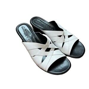 Clarks Black White Slip On Chunky Heel Open Toe Sandals Size 7.5 Women
